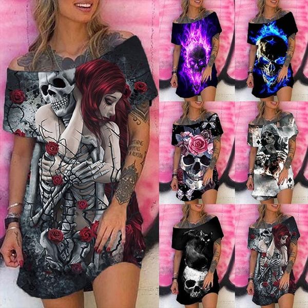 off shoulder summer casual women dress loose goth style short sleeve skull print plus size female sexy, Black;gray
off shoulder summer casual women dress loose goth style short sleeve skull print plus size female sexy, Black;gray