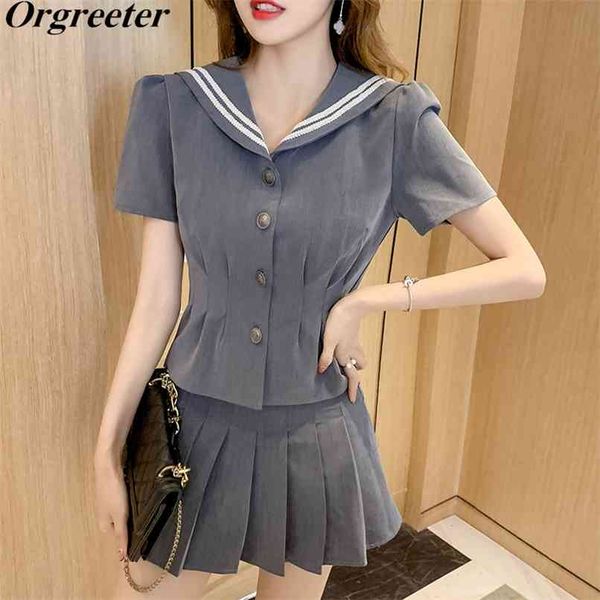 gray uniform two piece set women summer retro sailor collar draped slim blouse + high waist mini pleated skirt set 210602, White
gray uniform two piece set women summer retro sailor collar draped slim blouse + high waist mini pleated skirt set 210602, White