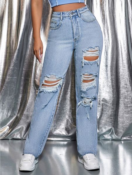 zipper fly ripped straight leg jeans n6rk#, Blue