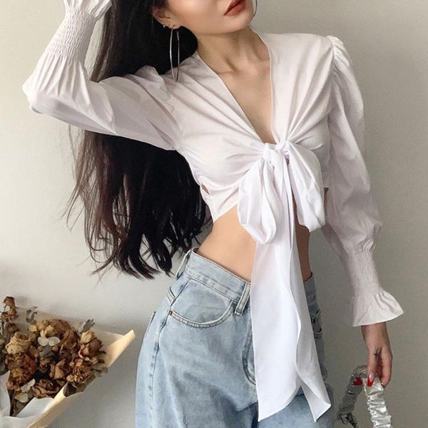 women's blouses & shirts european american style autumn 2021 fashion trumpet sleeve cardigan short cropped slim solid color shirt women, White
women's blouses & shirts european american style autumn 2021 fashion trumpet sleeve cardigan short cropped slim solid color shirt women, White