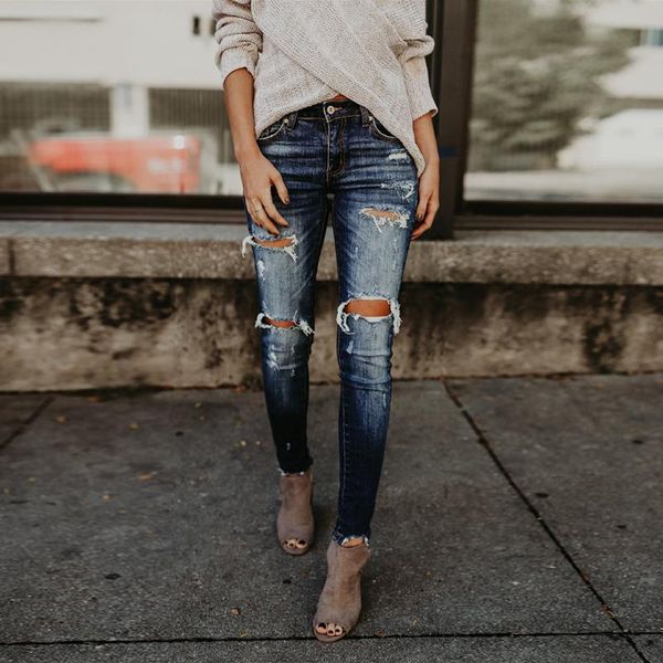 women's jeans hole pencil ladies fashion retro knee ripped trousers casual lady skinny denim pants, Blue
women's jeans hole pencil ladies fashion retro knee ripped trousers casual lady skinny denim pants, Blue