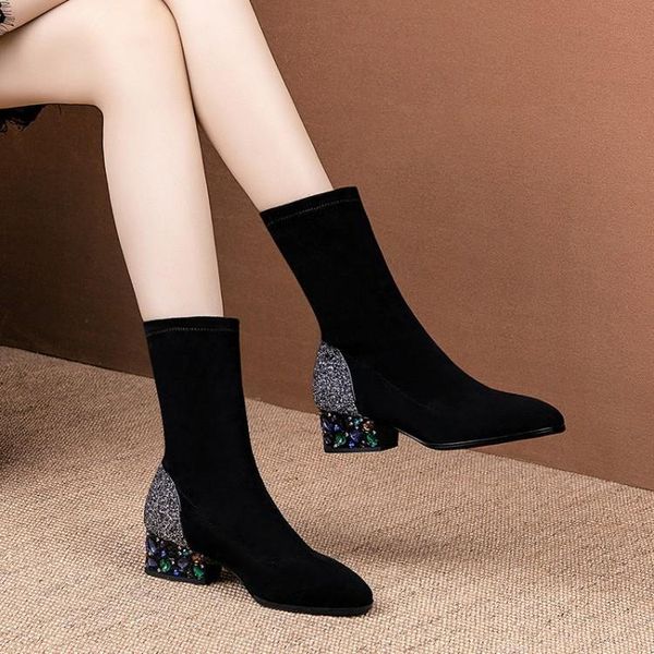 boots head rhinestone thick heel sequins elastic 2021 sheepskin round women's shoes, Black