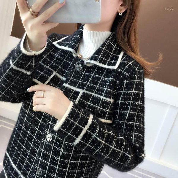 women's wool & blends imitation mink cashmere short sweater knitted cardigan spring autumn plaid coat korean, Black
women's wool & blends imitation mink cashmere short sweater knitted cardigan spring autumn plaid coat korean, Black