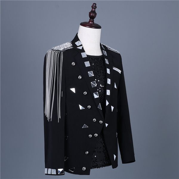mens silver mirrors rivet black jacket chain tassels coat singer dancer stage outfit nightclub host performance costume blazer, Black;red 
mens silver mirrors rivet black jacket chain tassels coat singer dancer stage outfit nightclub host performance costume blazer, Black;red