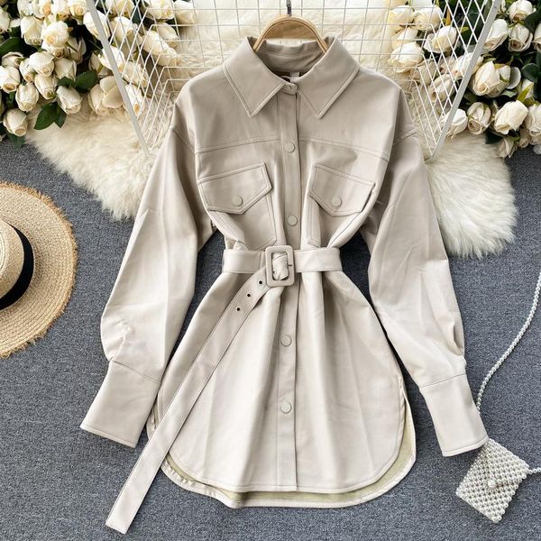 women's trench coats autumn winter pu leather jacket for fashion women chic long design belted buttons coat, Tan;black
women's trench coats autumn winter pu leather jacket for fashion women chic long design belted buttons coat, Tan;black