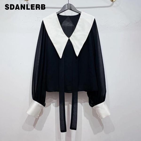 women's blouses & shirts 2021 retro black blouse elegant lantern sleeve lapel contrast color shirt autumn clothing versatile bottoming, White
women's blouses & shirts 2021 retro black blouse elegant lantern sleeve lapel contrast color shirt autumn clothing versatile bottoming, White
