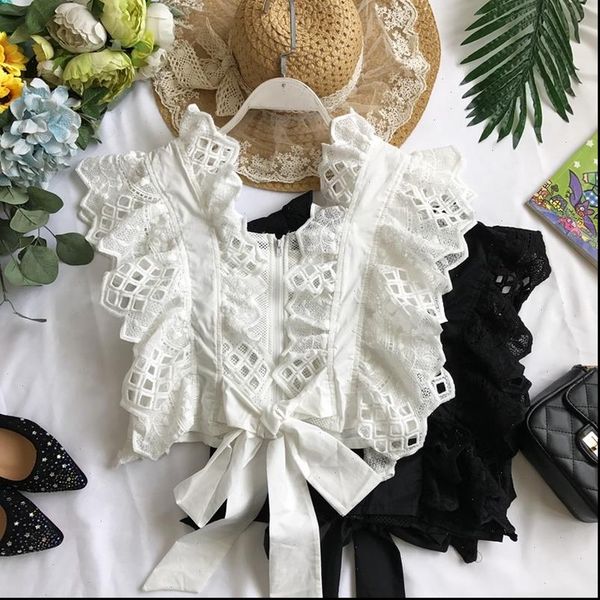 women v neck lace hook flowers openwork vest shirts high waist lace up pleated blouses bowtie crop blusas camisas, White 
women v neck lace hook flowers openwork vest shirts high waist lace up pleated blouses bowtie crop blusas camisas, White