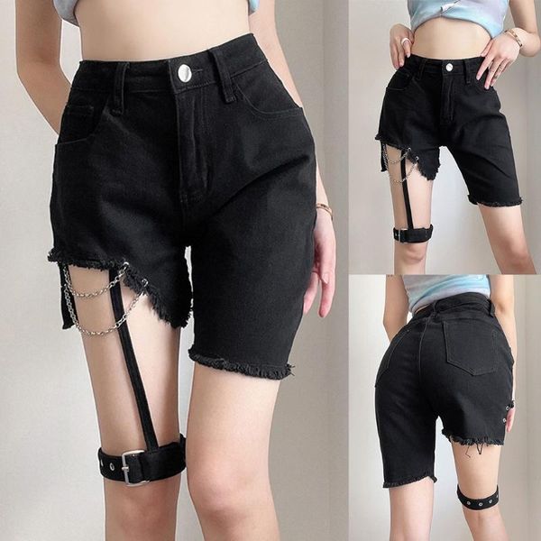 women's shorts women punk high waist denim cutout asymmetrical garter chain jeans, White;black
women's shorts women punk high waist denim cutout asymmetrical garter chain jeans, White;black