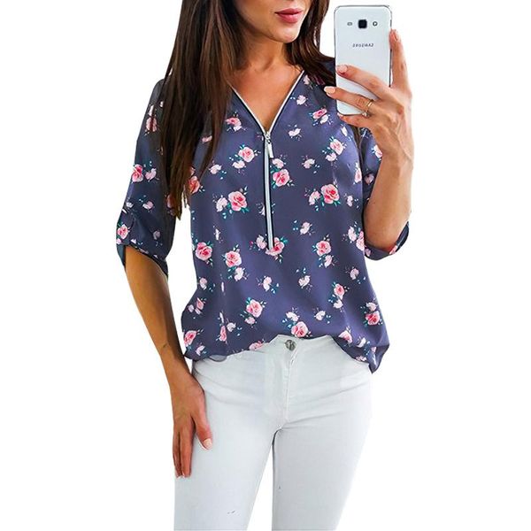 women's blouses & shirts zipper floral print shirt women three quarters sleeve elegant office lady work wear and casual loose street, White 
women's blouses & shirts zipper floral print shirt women three quarters sleeve elegant office lady work wear and casual loose street, White
