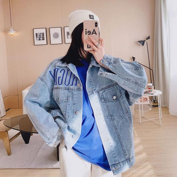 women's jackets 2021 spring embroidered logo loose washed denim jacket casual for women, Black;brown
women's jackets 2021 spring embroidered logo loose washed denim jacket casual for women, Black;brown