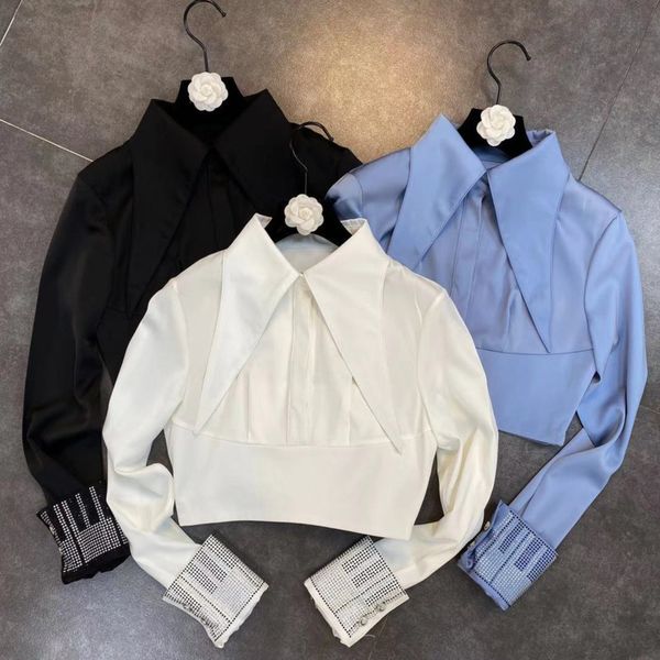 2021 Spring Just Arrived Strass Long Turn Down Collar Short Female Blouse Top Jxaf, White