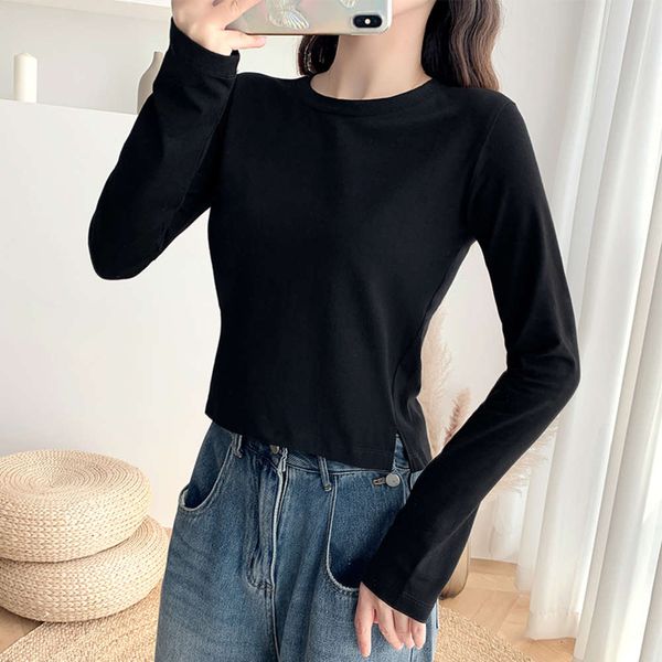 black round neck long sleeve t-shirt short tight women's and winter bottom coat high waist open navel slit inside with autumn, White
black round neck long sleeve t-shirt short tight women's and winter bottom coat high waist open navel slit inside with autumn, White