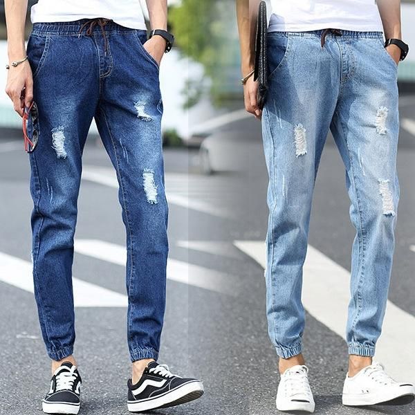 men's casual jeans men's large size elastic waist legs jeans loose hole straight leg ankle length casual pants, Blue
men's casual jeans men's large size elastic waist legs jeans loose hole straight leg ankle length casual pants, Blue
