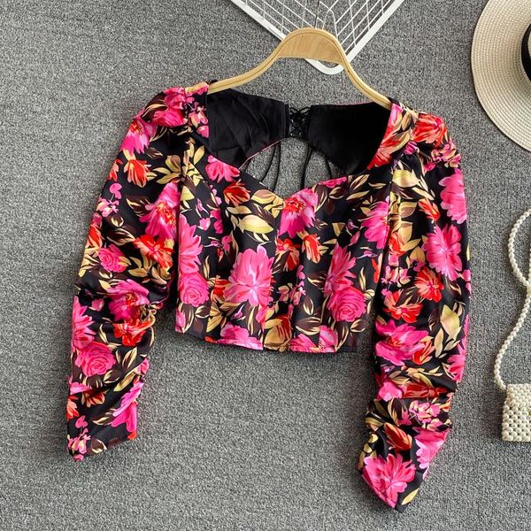 women's t-shirt hollow out backless square collar clavicle crop 2021 summer puff sleeve short floral shirt, White
women's t-shirt hollow out backless square collar clavicle crop 2021 summer puff sleeve short floral shirt, White