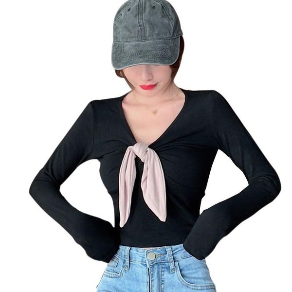 women's t-shirt autumn short style exposure navel woman tshirts korean v neck bow slim long sleeve tee, White
women's t-shirt autumn short style exposure navel woman tshirts korean v neck bow slim long sleeve tee, White