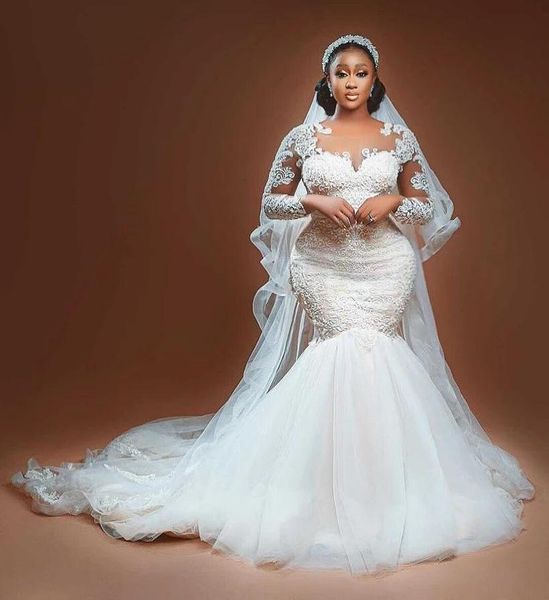 vintage ivory mermaid wedding dresses bridal gowns lace long sleeve appliqued tulle sheer jewel neck court train bride dress plus size, White
vintage ivory mermaid wedding dresses bridal gowns lace long sleeve appliqued tulle sheer jewel neck court train bride dress plus size, White