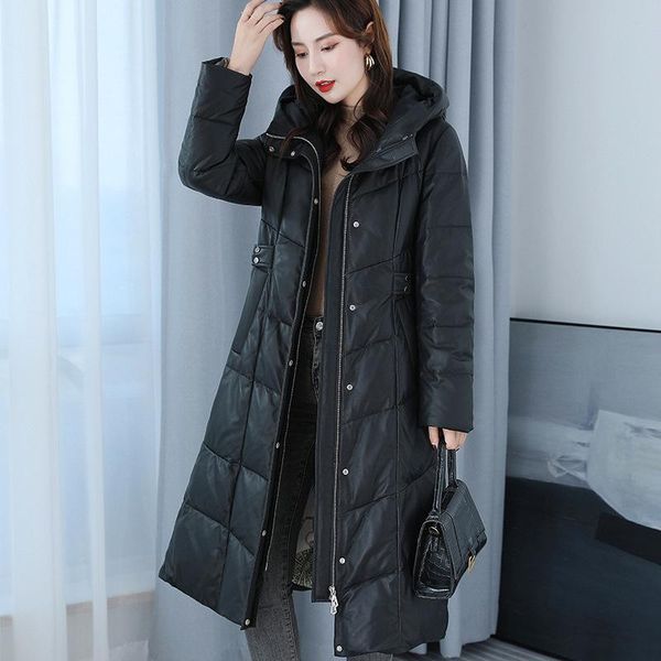 women's leather & faux coat hooded 2021 winter slim down jacket haining sheep fur medium length, Black
women's leather & faux coat hooded 2021 winter slim down jacket haining sheep fur medium length, Black