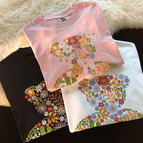 women's t-shirt 2021 summer fashion women short sleeve round neck stylish bear floral embroidery cotton t shirt casual loose oversize, White
women's t-shirt 2021 summer fashion women short sleeve round neck stylish bear floral embroidery cotton t shirt casual loose oversize, White