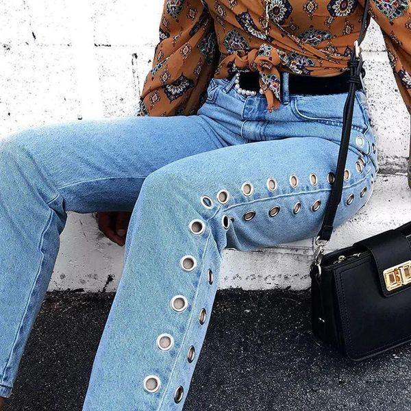 women's jeans stretchy woman denim pants trousers for women loose hollow out pockets pencil metal eyelet with rivet cutout, Blue 
women's jeans stretchy woman denim pants trousers for women loose hollow out pockets pencil metal eyelet with rivet cutout, Blue