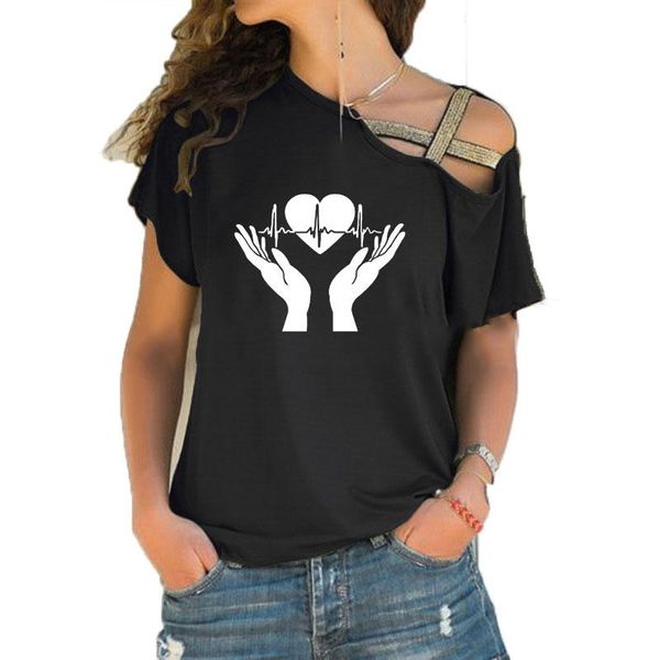 women's t-shirt funny heart heartbeat in hands print women creative graphic tee summer clothes big size irregular skew cross bandage, White
women's t-shirt funny heart heartbeat in hands print women creative graphic tee summer clothes big size irregular skew cross bandage, White