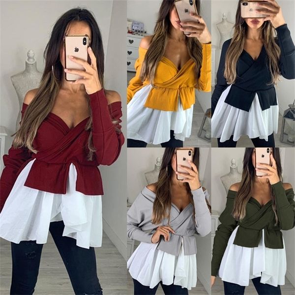 women autumn long sleeve v-neck cross off the shoulder tee shirts irregular patchwork tee shirt femme camisas y200109, White 
women autumn long sleeve v-neck cross off the shoulder tee shirts irregular patchwork tee shirt femme camisas y200109, White