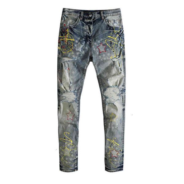 jeans am series station graffiti men's autumn paint printing color painting elastic hole pasted cloth leggings, Blue