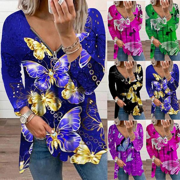 women's t-shirt 2022 autumn v-neck zipper butterfly printing long-sleeved casual pullover ladies top, White
women's t-shirt 2022 autumn v-neck zipper butterfly printing long-sleeved casual pullover ladies top, White