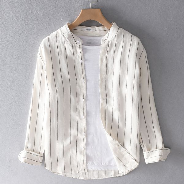 2021 new linen long sleeve stand collar stripe for men casual fashion shirt mens spring shirts male chemise 5726, White;black
2021 new linen long sleeve stand collar stripe for men casual fashion shirt mens spring shirts male chemise 5726, White;black
