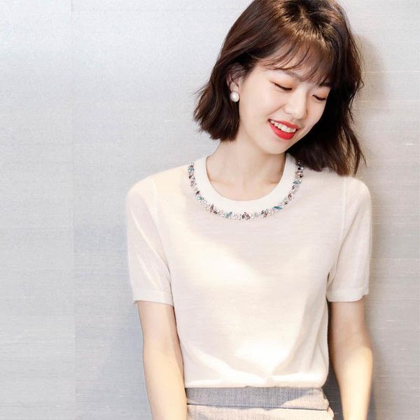 women's t-shirt 2021 short-sleeved elegant o-neck loose t shirt thin female knitted ice silk tee summer pullover x241, White
women's t-shirt 2021 short-sleeved elegant o-neck loose t shirt thin female knitted ice silk tee summer pullover x241, White