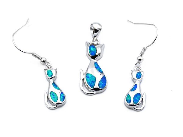 earrings & necklace cute cat design white / blue fire opal jewelry sets (necklace + earring), Silver
earrings & necklace cute cat design white / blue fire opal jewelry sets (necklace + earring), Silver