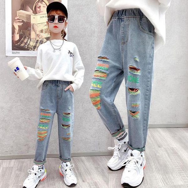 jeans girl letter print denim trousers 3-13 years old spring and autumn fashion ripped girls loose casual elastic waist, Blue
jeans girl letter print denim trousers 3-13 years old spring and autumn fashion ripped girls loose casual elastic waist, Blue