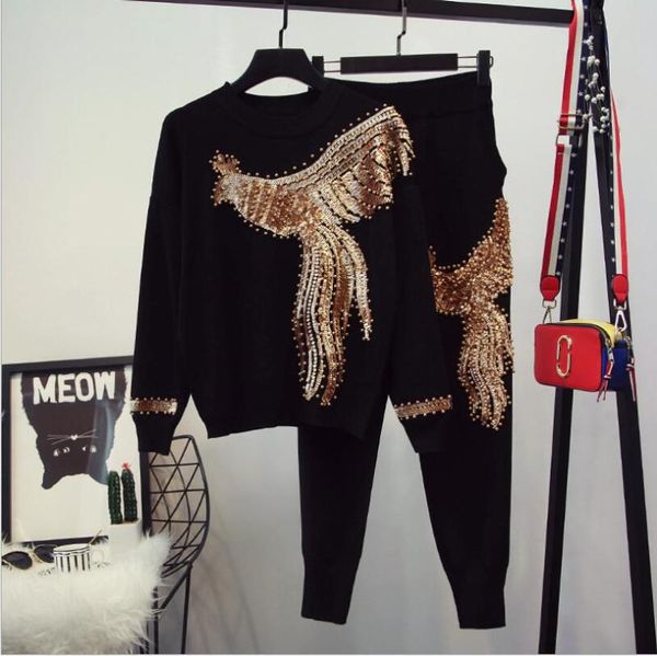 women's two piece pants black/gray knit jumper wool sweater long joggers 2 set autumn gold phoenix sequins beads, White 
women's two piece pants black/gray knit jumper wool sweater long joggers 2 set autumn gold phoenix sequins beads, White