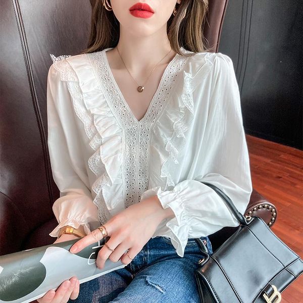 women's blouses & shirts coigarsam blouse women autumn 2021 patchwork full sleeve lace v-neck blusas womens and, White 
women's blouses & shirts coigarsam blouse women autumn 2021 patchwork full sleeve lace v-neck blusas womens and, White