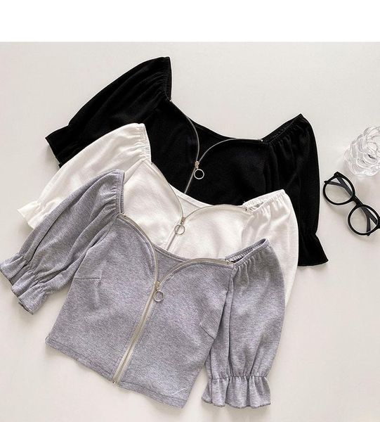 women's t-shirt summer korean style puff sleeve zipper short section cardigan square collar women, White
women's t-shirt summer korean style puff sleeve zipper short section cardigan square collar women, White