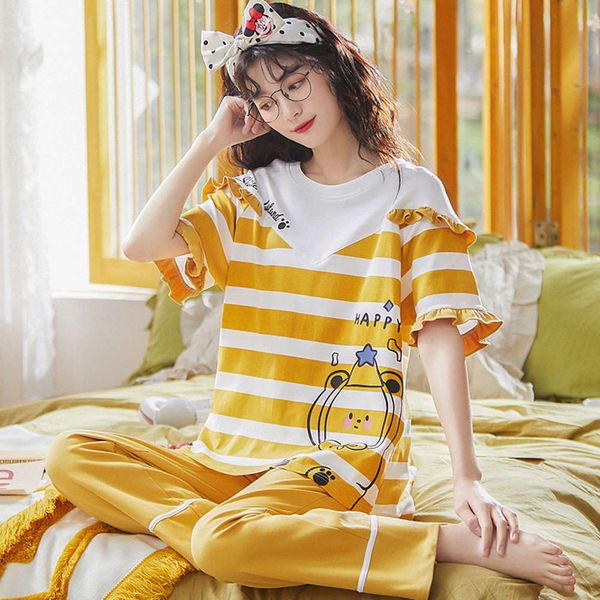 pajamas women's summer cotton cute korean short sleeve trousers student two piece suit spring and autumn thin home clothes, Black;red
pajamas women's summer cotton cute korean short sleeve trousers student two piece suit spring and autumn thin home clothes, Black;red