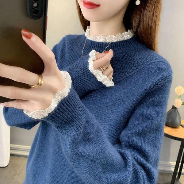 women's sweater on the outside new half high collar lace stitching knitted bottom coat for women in autumn and winter 2020, White;black
women's sweater on the outside new half high collar lace stitching knitted bottom coat for women in autumn and winter 2020, White;black