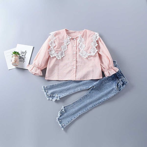 2-7 years girl clothing set autumn fashion plaid pink yellow shirt + pearl demin pamt kid children clothes 210615, White
2-7 years girl clothing set autumn fashion plaid pink yellow shirt + pearl demin pamt kid children clothes 210615, White