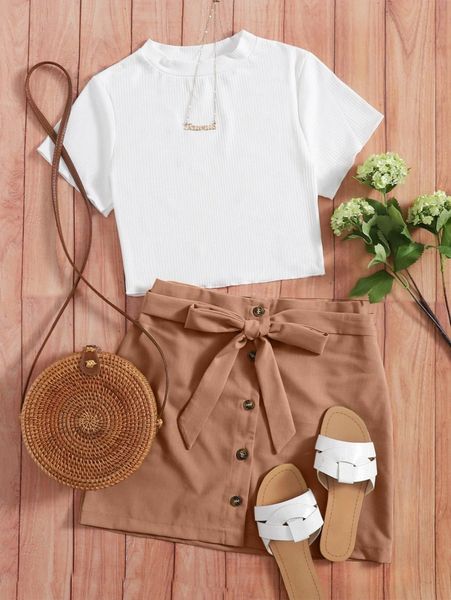 rib-knit crop tee with belted skirt m6vt#, White 
rib-knit crop tee with belted skirt m6vt#, White