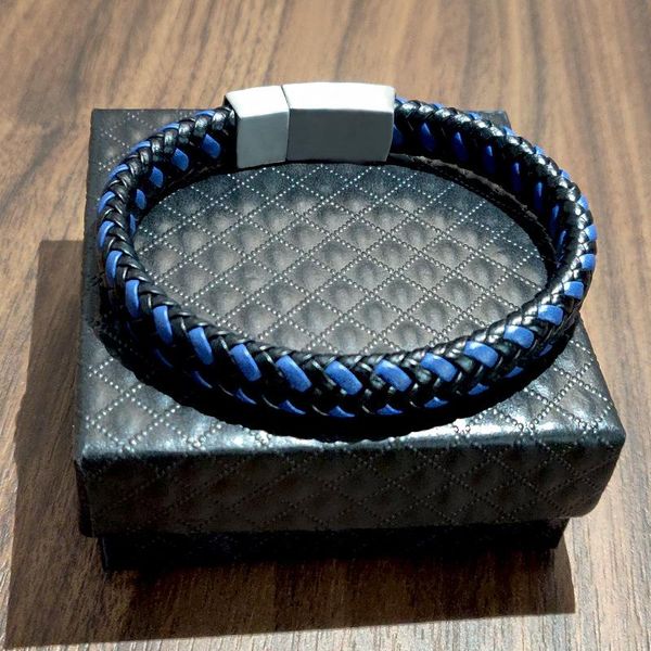 link, chain hidden hook woven leather string men's bracelet punk style, Black 
link, chain hidden hook woven leather string men's bracelet punk style, Black