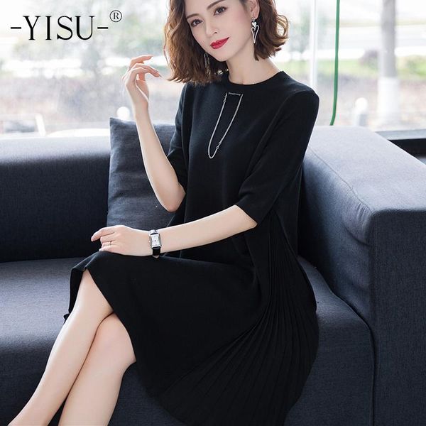 casual dresses yisu summer t shirt dress women 2021 fashion half sleeve ice silk o neck chain accessories long pleated tee, Black;gray 
casual dresses yisu summer t shirt dress women 2021 fashion half sleeve ice silk o neck chain accessories long pleated tee, Black;gray