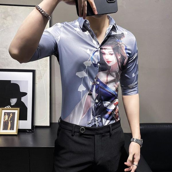 men's casual shirts 2021 summer clothing mid-sleeve beauty print korean style slim fit handsome shirt for men, White;black
men's casual shirts 2021 summer clothing mid-sleeve beauty print korean style slim fit handsome shirt for men, White;black