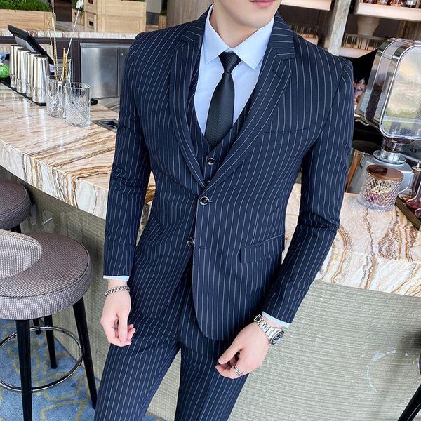 men's suits & blazers 3-piece mens fashion strip casual slim fit wedding groom dress tuxedos business formal costume homme men suit, White;black
men's suits & blazers 3-piece mens fashion strip casual slim fit wedding groom dress tuxedos business formal costume homme men suit, White;black