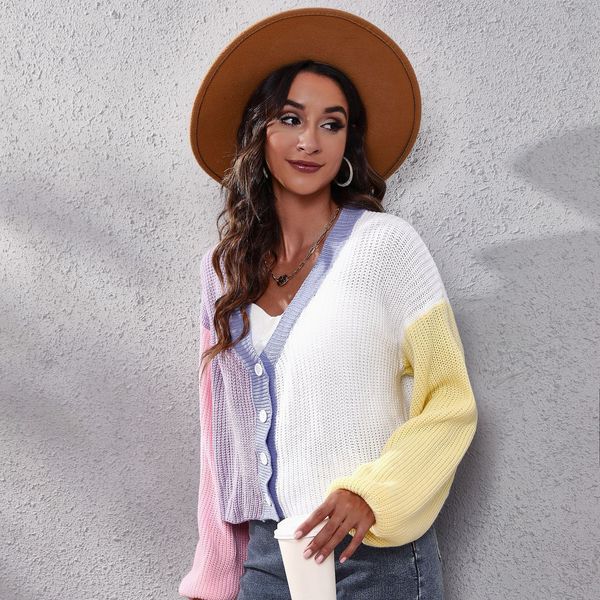 women's knits & tees five purple-pink color matching knit cardigan short sweater women's loose wear, White
women's knits & tees five purple-pink color matching knit cardigan short sweater women's loose wear, White