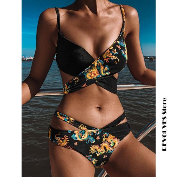 women's swimwear 2021 two pieces dragon print micro bikini knotted behind plus size triangle swimsuits bathing suits, White;black
women's swimwear 2021 two pieces dragon print micro bikini knotted behind plus size triangle swimsuits bathing suits, White;black