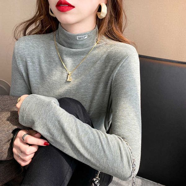 women's sweaters comfortable and soft small collar label plush thickened bottoming shirt half high collar de veet slim fit with long sl, White;black
