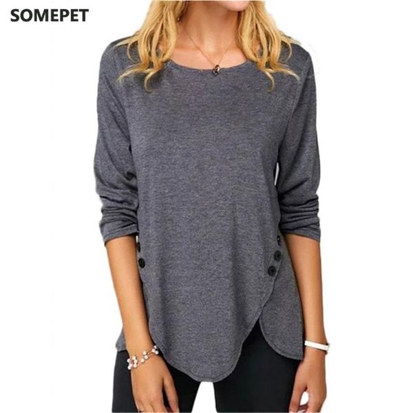 women's t-shirt button o neck long sleeved tunic women clothing solid color loose irregular pullovers tee shirt femme, White
women's t-shirt button o neck long sleeved tunic women clothing solid color loose irregular pullovers tee shirt femme, White