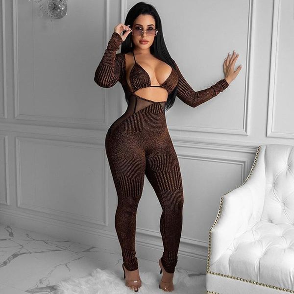 new 2021 spring mesh stitched hollow long sleeve jumpsuit vest outfits women bra+long sleeve slim jumpsuit shiny clothes, Gray 
new 2021 spring mesh stitched hollow long sleeve jumpsuit vest outfits women bra+long sleeve slim jumpsuit shiny clothes, Gray