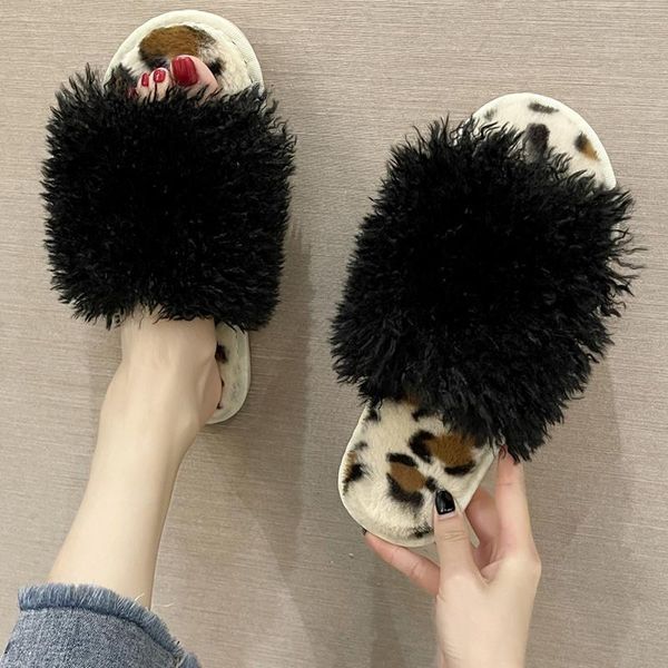slippers fashion curly plush upper leopard print women fur open toe solid home flat shoes fluffy slides, Black
slippers fashion curly plush upper leopard print women fur open toe solid home flat shoes fluffy slides, Black