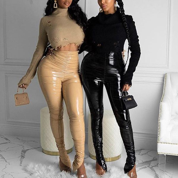 high waist women pu faux leather stacked joggers side split ruched bodycon pants ladies skinny trousers autumn winter pantalon women's, Black;white
high waist women pu faux leather stacked joggers side split ruched bodycon pants ladies skinny trousers autumn winter pantalon women's, Black;white