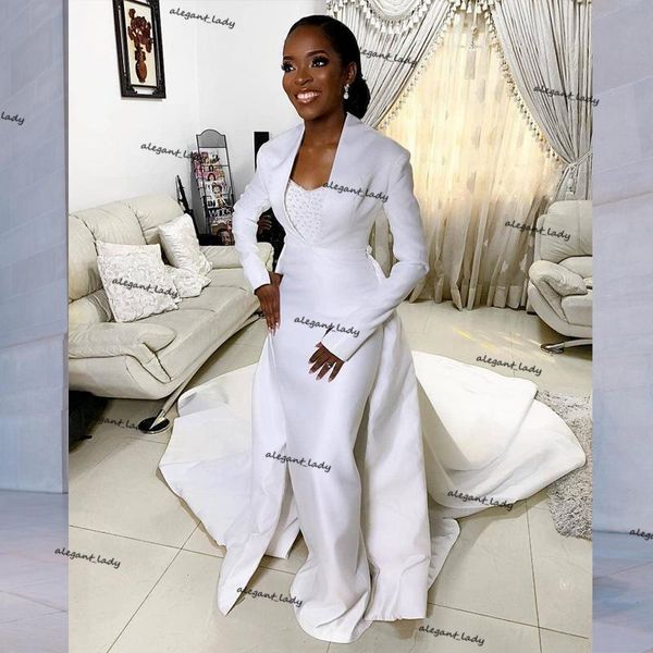 modest pearls mermaid wedding dresses with detachable train sweetheart african long sleeves bridal gowns satin robe de mariée, White
modest pearls mermaid wedding dresses with detachable train sweetheart african long sleeves bridal gowns satin robe de mariée, White